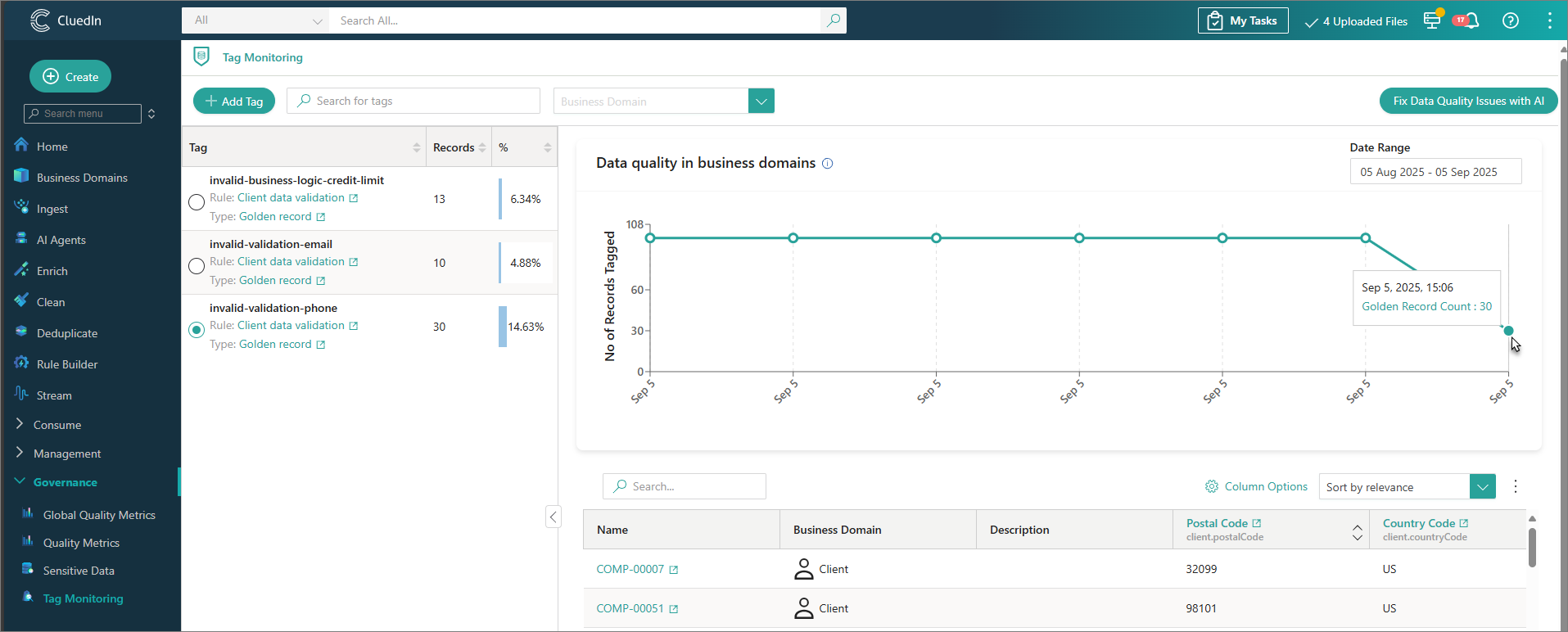 The Tag Monitoring module listing tags with record counts, a Data quality in business domains chart of tagged records over time, and the tagged golden records